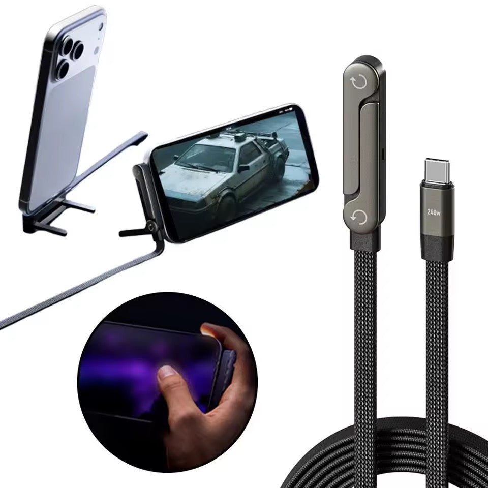 240W 2-in-1 Stand Charging Cable USB C | Phone Holder Integrated | Fast Charge for iPhone 15-17/Huawei/Samsung/Xiaomi