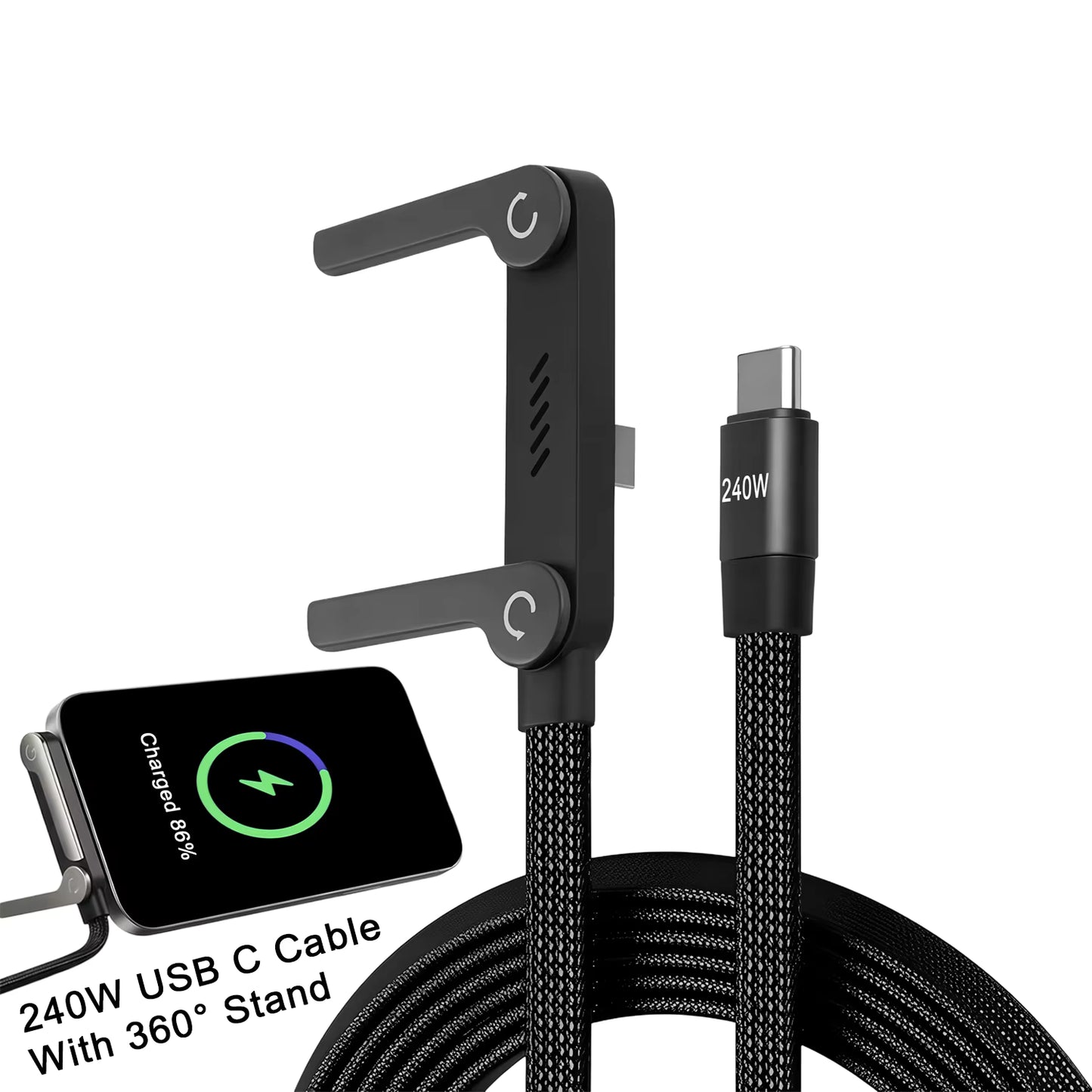 240W 2-in-1 Stand Charging Cable USB C | Phone Holder Integrated | Fast Charge for iPhone 15-17/Huawei/Samsung/Xiaomi